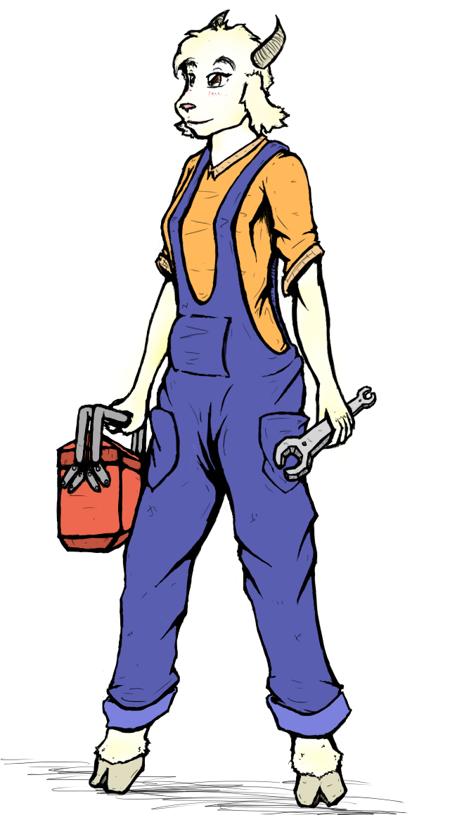 2_horns anthro barefoot box breasts clothed clothing container engineer_(profession) eyebrows eyelashes feet female fully_clothed fur holding_box holding_container holding_object holding_tool holding_toolbox holding_wrench hooves horn humanoid_hands medium_breasts orange_clothing orange_shirt orange_topwear overalls pockets shirt simple_background snout solo standing three-quarter_view tools topwear white_background white_body white_fur wrench unknown_artist nan_quest nan_(nq) bovid caprine goat mammal 2013 digital_media_(artwork) full-length_portrait portrait