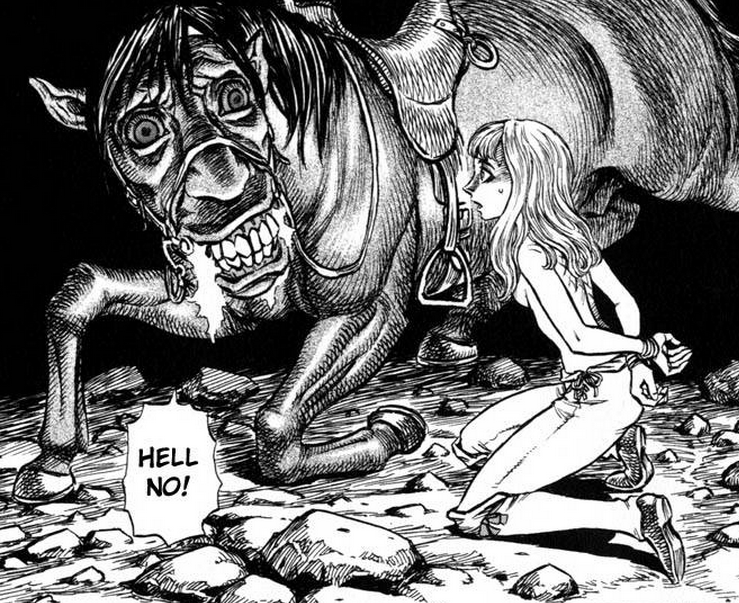 ambiguous_gender bdsm bodily_fluids bondage bottomwear bound breasts clothed clothing creepy deformed drooling duo female feral footwear hair hooves imminent_rape kneeling long_hair nightmare_fuel pants possession saddle saliva scar scared shoes small_breasts teeth topless kentaro_miura berserk_(series) farnese_de_vandimion rape_horse_(berserk) demon equid human mammal monochrome