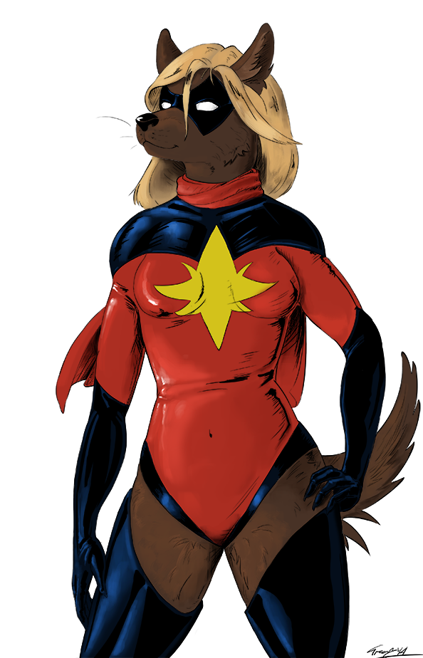 anthro blonde_hair clothing cosplay costume female hair hero latex legwear leotard mask scarf simple_background solo superhero uniform white_background treefyleaves marvel the_avengers ms._marvel canid canine canis domestic_dog mammal 9:14 comic monochrome