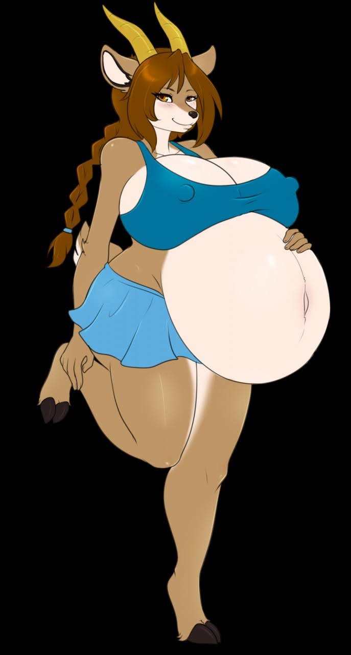 anthro belly big_belly black_hooves black_nose bottomwear braided_hair clothed clothing female fur hair hooves horn miniskirt multicolored_body multicolored_fur nipple_outline pregnant pregnant_anthro pregnant_female skirt solo tail tail_over_skirt yellow_horn suika-x antelope bovid gazelle mammal hi_res