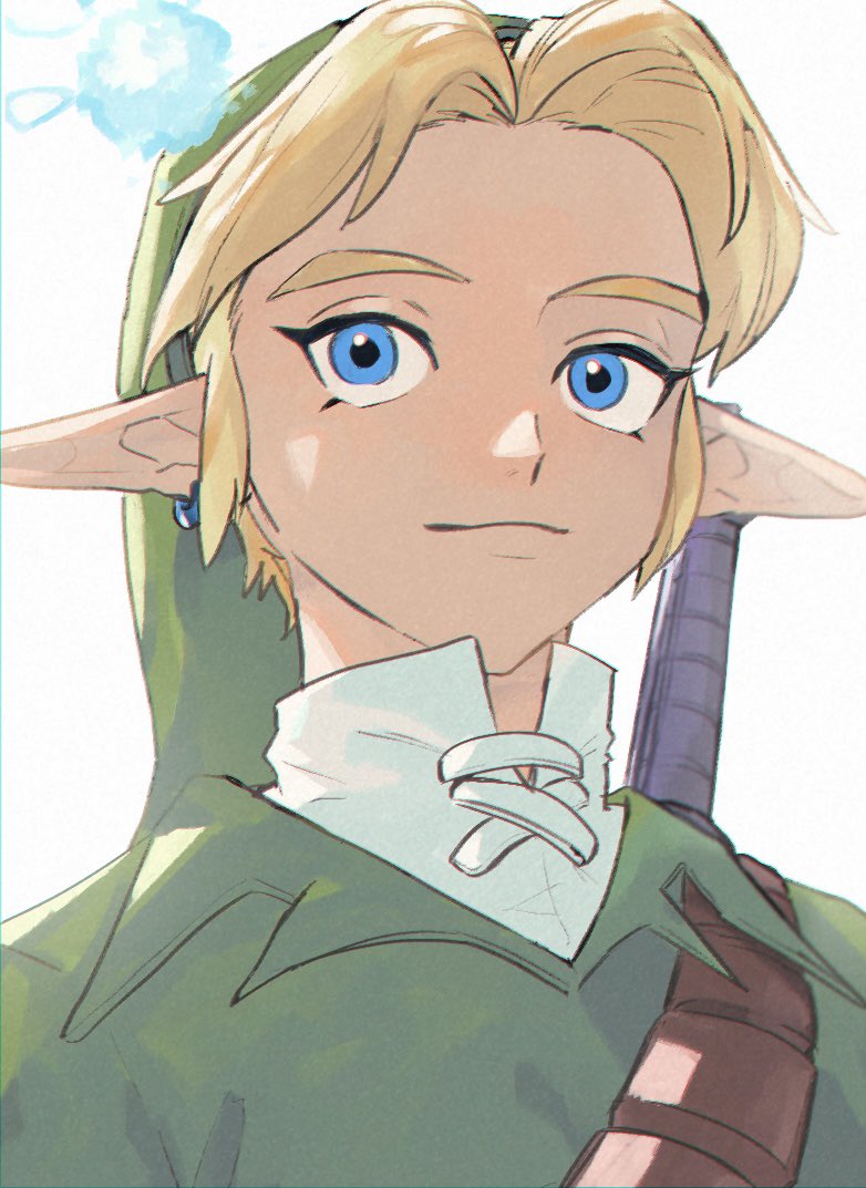 blonde_hair blue_eyes clothing ear_piercing ear_ring hair hat headgear headwear humanoid_pointy_ears light_body light_skin male not_furry piercing pointy_ears ring_piercing shirt simple_background smile topwear tunic weapon yamoooon21 nintendo ocarina_of_time the_legend_of_zelda link navi fairy humanoid hylian