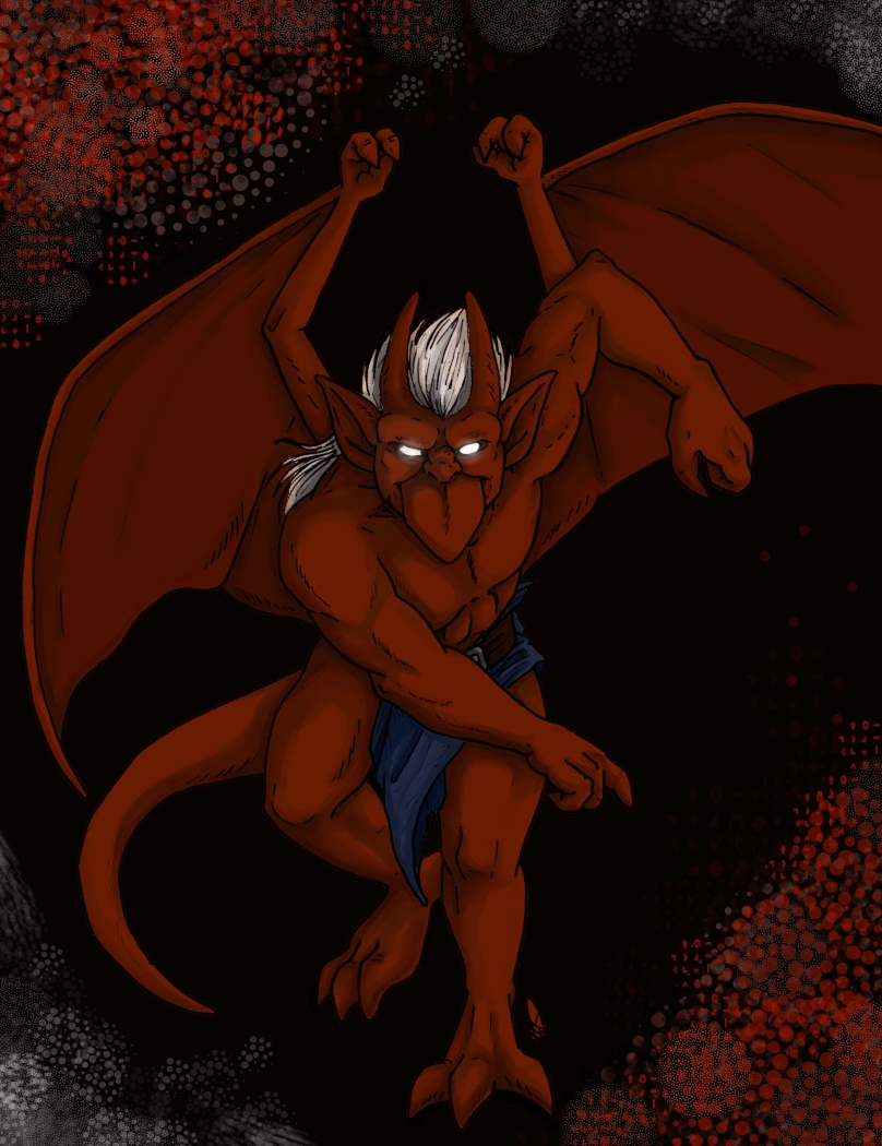 anthro bottomwear clothed clothing empty_eyes featureless_chest glowing glowing_eyes hair horn humanoid_pointy_ears loincloth loincloth_only looking_at_viewer male membrane_(anatomy) membranous_wings pointy_ears red_body solo tail topless white_hair wings nebby_(artist) disney gargoyles brooklyn_(gargoyles) gargoyle scalie