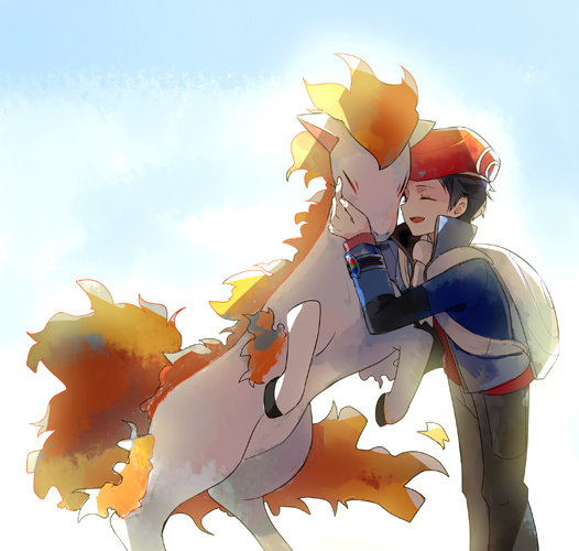 ambiguous_gender backpack bent_arm bonding duo eyes_closed feral hand_on_face happy hug male open_mouth open_smile simple_background smile standing no_shimo nintendo pokemon lucas_(pokemon) equid equine generation_1_pokemon human mammal pokemon_(species) ponyta digital_media_(artwork)