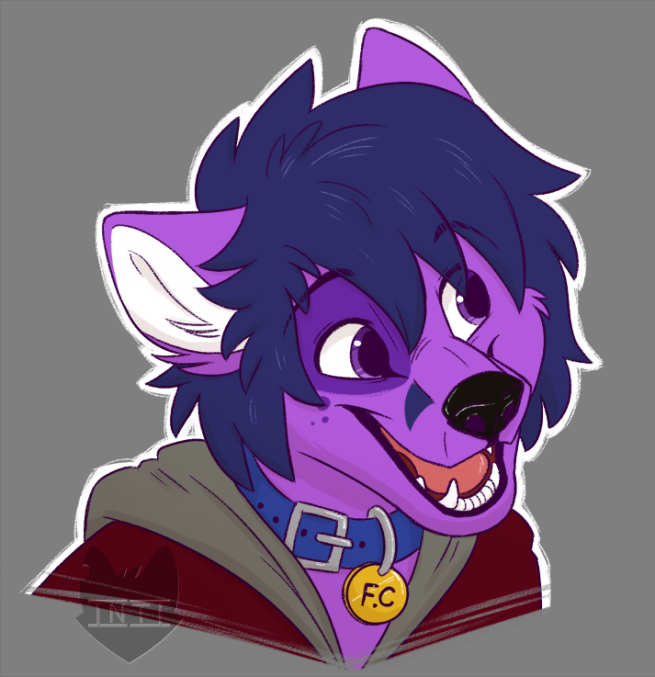 anthro blue_hair clothing collar fur hair male open_mouth purple_body purple_fur purple_skin simple_background solo intifox montyfox canid canine fox mammal