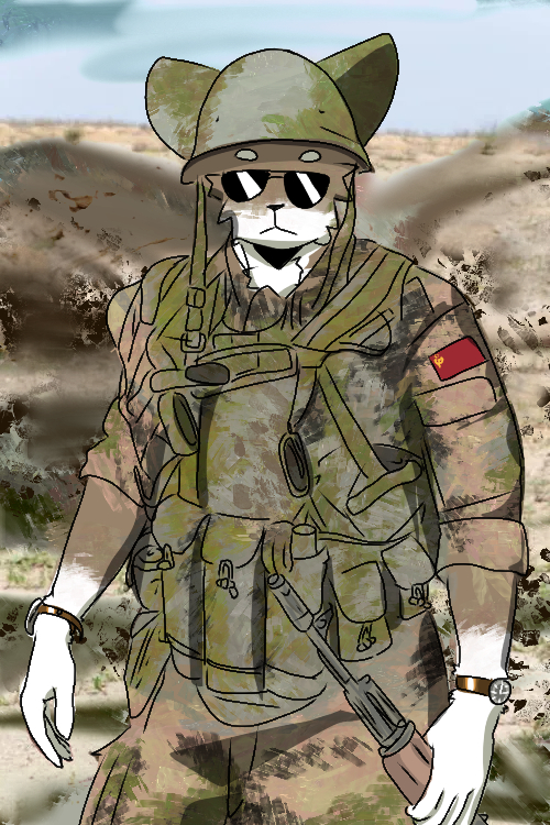 armor aviator_glasses bulletproof_vest camo clock clothing eyewear furgonomic_headwear furgonomics glasses gun hammer_and_sickle headgear helmet male military military_uniform ranged_weapon rifle russian solo soviet_flag soviet_union sunglasses uniform watch weapon bolin ambiguous_species humanoid