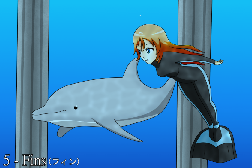 ambiguous_gender blue_background blue_eyes breasts countershading diving duo female feral grey_body grey_skin hair katakana light_body light_skin looking_at_another monofin orange_hair pillar sea simple_background swimming text underwater water wetsuit white_body white_countershading uwdennis sinktember sinktember_2022 nagata cetacean dolphin human mammal marine toothed_whale 3:2 english_text japanese_text