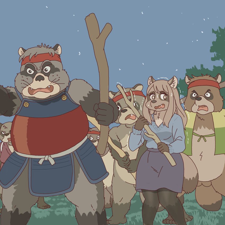 anthro armor balls barely_visible_balls barely_visible_genitalia bodily_fluids clothed clothing female genitals group kemono male scared stick sweat sweatdrop ekaki510 ghibli pom_poko gonta_takagamori canid canine mammal raccoon_dog tanuki 1:1