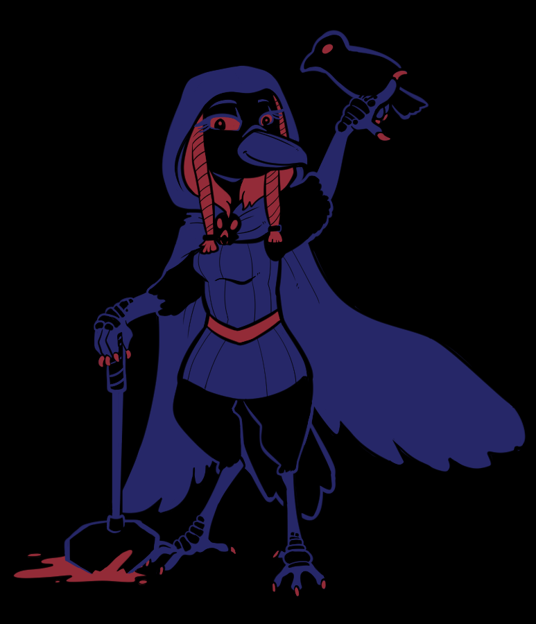 ambiguous_gender anthro beak bird_on_hand black_background blood bodily_fluids braided_hair cloak clothing duo female feral hair looking_at_viewer maul melee_weapon red_eyes red_hair simple_background smile talon_hands weapon lucheek celtic_mythology european_mythology mythology the_morrigan avian bird corvid corvus_(genus) crow deity oscine passerine 2018 restricted_palette