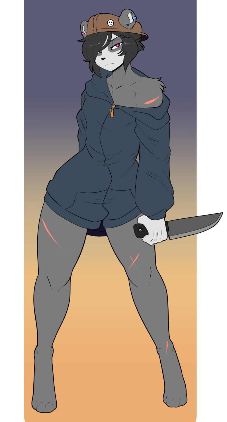 anthro biped black_hair clothed clothing fur hair holding_knife holding_object hoodie knife male scar solo topwear munkeesgomu hayden_(munkeesgomu) bear giant_panda mammal hi_res