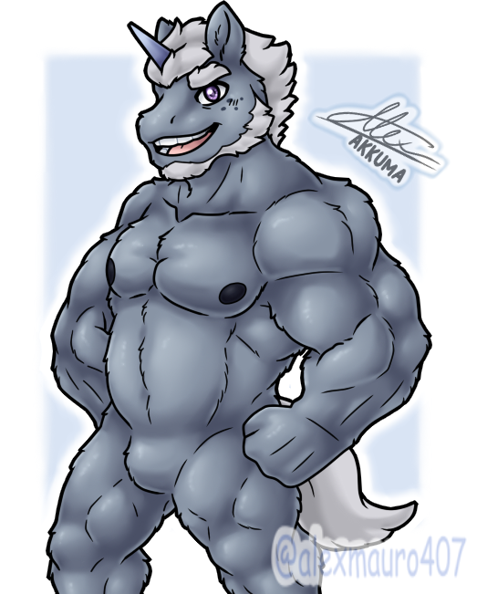 anthro anthrofied beard eyebrows facial_hair featureless_crotch fist freckles fur grey_body grey_fur grey_hair grey_tail hair hands_on_hips horn male muscular muscular_anthro muscular_male nipples open_mouth open_smile pecs purple_eyes smile solo tail teeth thick_eyebrows akkuma407 hasbro mlp_g5 my_little_pony mythology alphabittle_blossomforth_(mlp) equid equine mammal mythological_creature mythological_equine unicorn digital_media_(artwork) signature