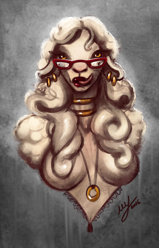 anthro ear_piercing eyewear female glasses jewelry looking_at_viewer necklace piercing solo tongue tongue_out thescarletartist bovid caprine domestic_sheep mammal sheep