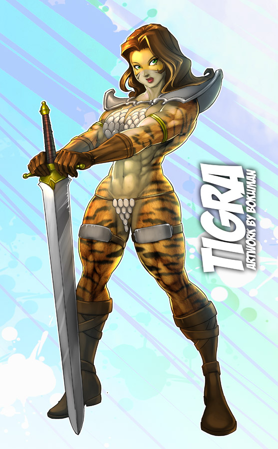 abs armor biceps boots breasts chainmail clothed clothing convincing_weapon female footwear gloves handwear holding_melee_weapon holding_object holding_sword holding_weapon melee_weapon muscular muscular_female navel shoes skimpy solo stripes sword unconvincing_armor warrior weapon bokuman felid mammal pantherine tiger 2013