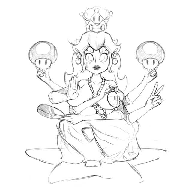 4_breasts big_breasts breasts clothing crown female hair headgear hindu huge_breasts multi_arm multi_breast multi_limb not_furry nude princess religion royalty solo super_crown stann_co asian_mythology hindu_mythology mario_bros mythology nintendo princess_peach deity demi_god humanoid mammal 2019 meme monochrome sketch unfinished