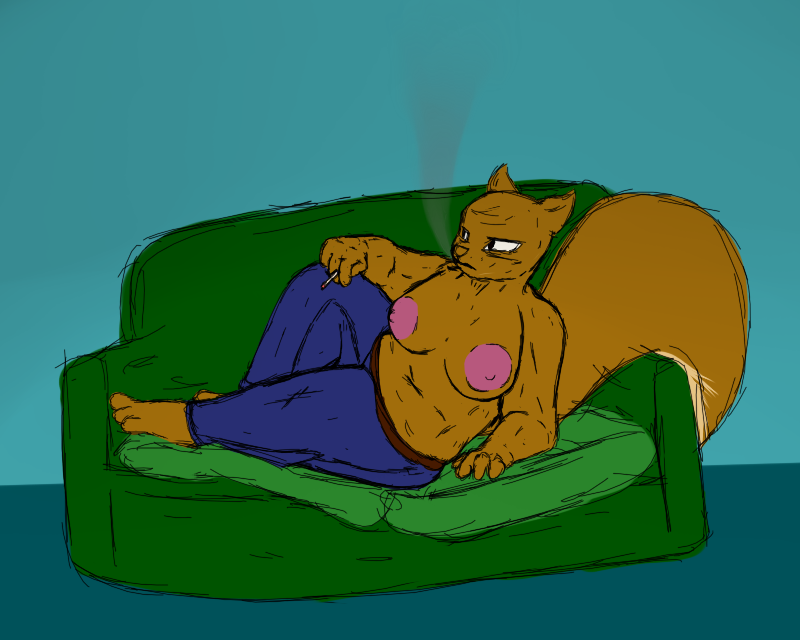 anthro areola belt big_areola big_breasts bottomwear breasts brown_body brown_fur cigarette clothed clothing denim denim_bottomwear denim_clothing female fur furniture jeans mature_anthro mature_female pants sitting smoke smoking sofa solo topless axentooth illah_(axentooth) mammal rodent sciurid 5:4 colored_sketch sketch