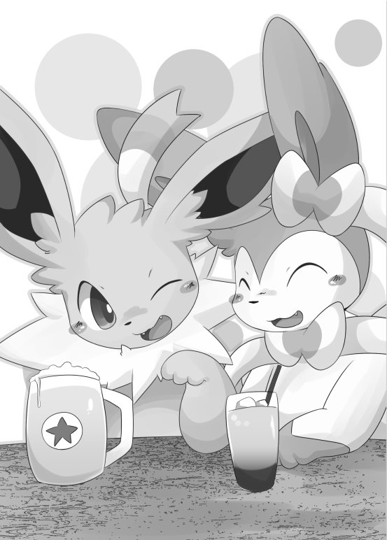 ambiguous_gender beverage blush bow_tie container cup duo feral grey_background ice simple_background white_background itameshi nintendo pokemon canid canine eeveelution generation_1_pokemon generation_6_pokemon jolteon mammal pokemon_(species) sylveon monochrome