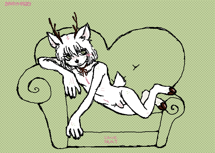 anthro antlers balls blush bob_cut choker colored_nails feet femboy flaccid freckled_face freckled_feet freckled_hand freckled_hips freckled_shoulders freckles fur furniture genitals green_background green_eyes hair hooves horn humanoid_genitalia humanoid_penis jewelry kemono light_hair looking_away loveseat lying male monotone_body monotone_fur monotone_hair nails navel necklace nude on_side penis ribbon_choker scut_tail short_tail simple_background sofa solo tail text white_body white_fur white_hair 888g888 mori_akino_(888g888) cervine deer mammal 2023 digital_drawing_(artwork) digital_media_(artwork) english_text flat_colors microsoft_paint_(artwork) watermark