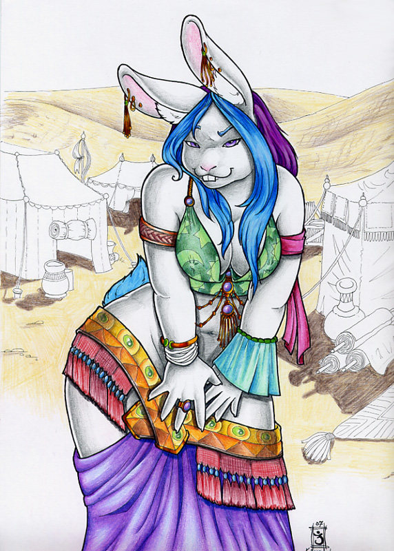 anthro arabian blue_hair breasts buckteeth cleavage clothed clothing desert female fur hair harem harem_outfit navel outside overweight overweight_anthro overweight_female purple_eyes solo teeth tent white_body white_fur kierstal zynthalay lagomorph leporid mammal rabbit