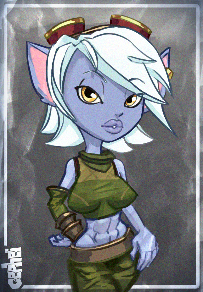 abs athletic athletic_female athletic_humanoid clothed clothing ear_piercing eyewear female fur goggles hair half-closed_eyes lips looking_at_viewer narrowed_eyes not_furry piercing purple_body purple_fur short_hair short_stack simple_background solo white_hair cephei league_of_legends riot_games tencent tristana_(lol) humanoid mammal yordle 2017 digital_media_(artwork)