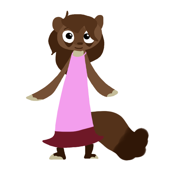 ambiguous_gender anthro big_eyes brown_body brown_fur brown_hair clothing dress eye_bags fur hair looking_at_viewer maroon_clothing pink_clothing pink_dress smile solo tail the_weaver pack_street martina_(weaver) mammal mustelid musteline true_musteline weasel