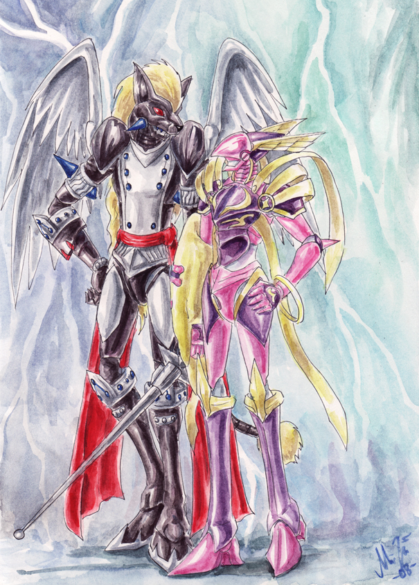 armor boots clothing duo feathered_wings feathers footwear ice knight male melee_weapon multicolored_clothing romantic romantic_couple shoes sword tail warrior weapon wings mistress-of-air bandai_namco digimon crusadermon digimon_(species) duftmon leopardmon 2008