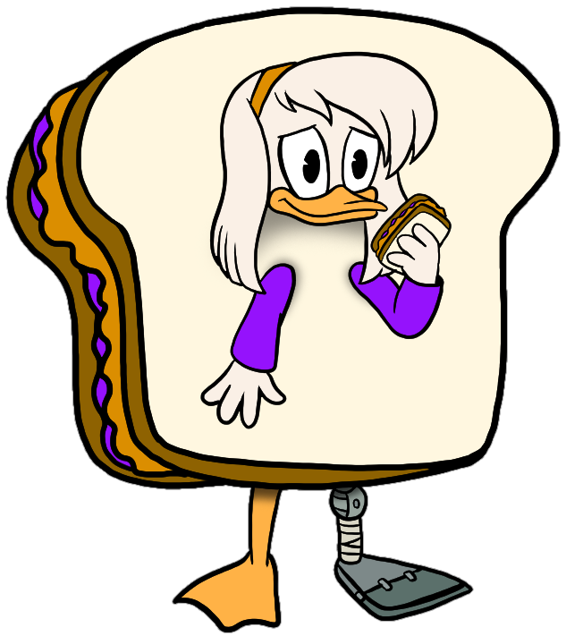 anthro clothed clothing costume female food food_costume holding_food holding_object jelly_(food) peanut_butter prosthetic prosthetic_leg prosthetic_limb sandwich_(food) sandwich_costume simple_background solo standing transparent_background vixdojofox disney ducktales ducktales_(2017) della_duck anatid anseriform avian bird duck alpha_channel