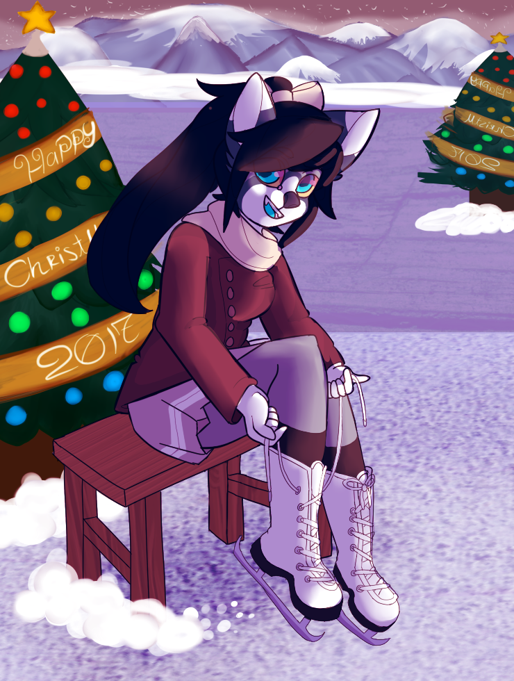 5_fingers anthro biped black_nose black_tail blue_body blue_eyes blue_fur bottomwear breasts brown_hair christmas_tree clothed clothing decoration dipstick_ears ear_markings female figure_skates fingers footwear fully_clothed fur hair happy holidays ice ice_skates long_hair looking_at_viewer mountain multicolored_ears open_mouth open_smile ornament outside plant purple_body purple_bottomwear purple_clothing purple_fur purple_shirt purple_topwear red_clothing red_topwear shirt sitting skating skirt small_breasts smile snow snow_cap solo star stripes tail teeth text topwear tree white_body white_clothing white_footwear white_fur white_tail collieh christmas sam_(collieh) canid canine canis collie domestic_dog herding_dog hybrid mammal pastoral_dog sheepdog shiba_inu spitz 2017 english_text