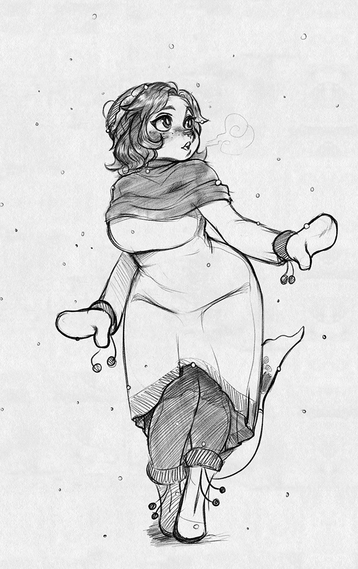 anthro clothed clothing female slightly_chubby smile snow solo standing higgyy denise_dixon_(character) mammal marine pinniped seal monochrome sketch