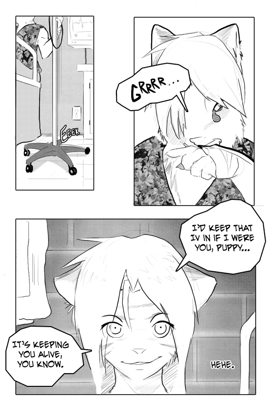 ambiguous_gender bed clothed clothing dialogue fur furniture hospital hospital_bed intravenous text corablue domestic_cat felid feline felis mammal 2:3 comic english_text greyscale monochrome