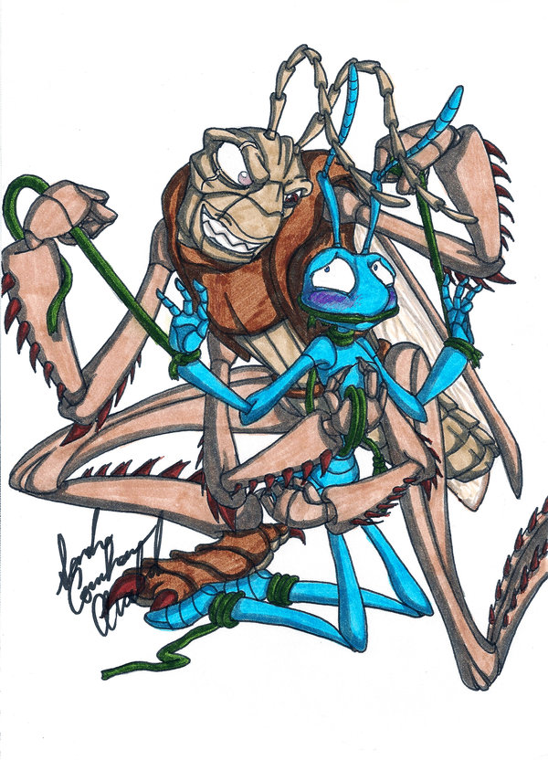 anthro bdsm blush duo fingers kneeling looking_at_another looking_at_partner male male/male simple_background white_background brass-kettle a_bug's_life disney pixar flik_(a_bug's_life) hopper_(a_bug's_life) ant arthropod grasshopper hymenopteran insect orthopterid signature traditional_media_(artwork)