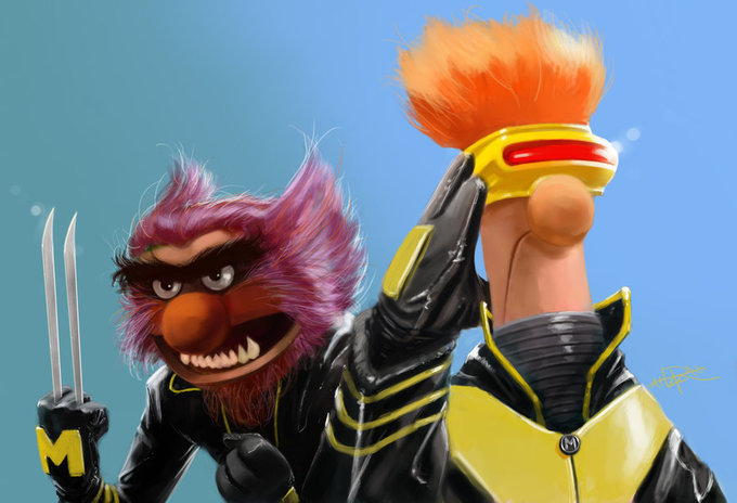 clothing duo feral fur hair male orange_hair parody purple_body purple_fur superhero rahzzah marvel muppets the_muppet_show x-men animal_(muppets) beaker_(muppets) cyclops_(marvel) wolverine_(marvel) x-23 monster muppet 2011 crossover signature