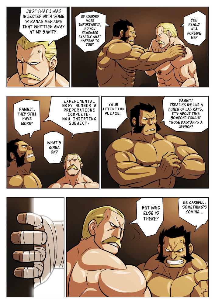 abs blonde_hair dialogue facial_hair hair male muscular mustache pecs profanity text zelo_lee fullmetal_alchemist darius_(fullmetal_alchemist) heinkel_(fullmetal_alchemist) human mammal comic english_text translated