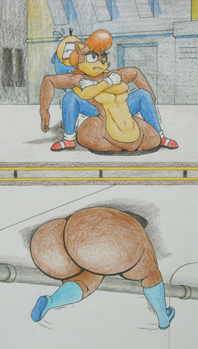 5_fingers angry anthro arms_on_breasts big_butt black_nose blue_body blue_boots blue_clothing blue_eyes blue_footwear blue_fur bodily_fluids boots boots_only breasts brown_body brown_fur butt canon_couple cheek_tuft clenched_teeth closed_frown clothing countershading crouching duo eyebrows eyelashes facial_tuft female fingers fist footwear footwear_only fur glistening glistening_eyes glistening_hair glistening_nose gloves gums hair handwear helping hug huge_butt huge_hips huge_thighs hugging_another hugging_from_behind humanoid_hands inside male manhole mostly_nude motion_lines mouth_closed multicolored_body multicolored_clothing multicolored_footwear multicolored_fur multicolored_shoes navel orange_eyebrows orange_hair pipe pupils quills_(anatomy) rear_view red_clothing red_footwear red_shoes shaking shoes shoes_only short_hair spread_arms stuck sweat sweatdrop tan_body tan_countershading tan_fur tan_skin teeth teeth_showing thick_eyebrows thick_thighs trembling tuft two_tone_body two_tone_clothing two_tone_footwear two_tone_fur two_tone_shoes white_clothing white_footwear white_gloves white_handwear white_shoes wide_hips snaphappy archie_comics sega sonic_the_hedgehog_(archie) sonic_the_hedgehog_(comics) sonic_the_hedgehog_(series) sally_acorn sonic_the_hedgehog chipmunk eulipotyphlan ground_squirrel hedgehog mammal rodent sciurid 2koma comic hi_res traditional_media_(artwork)