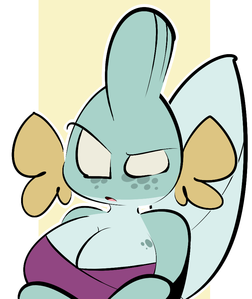 anthro biped blue_body blue_tail breasts clothing female freckles hollow_eyes looking_at_viewer open_mouth simple_background solo tail topwear white_background white_eyes yellow_background yellow_body 1upgobbo nintendo pokemon kay_(1upgobbo) generation_3_pokemon mudkip pokemon_(species)