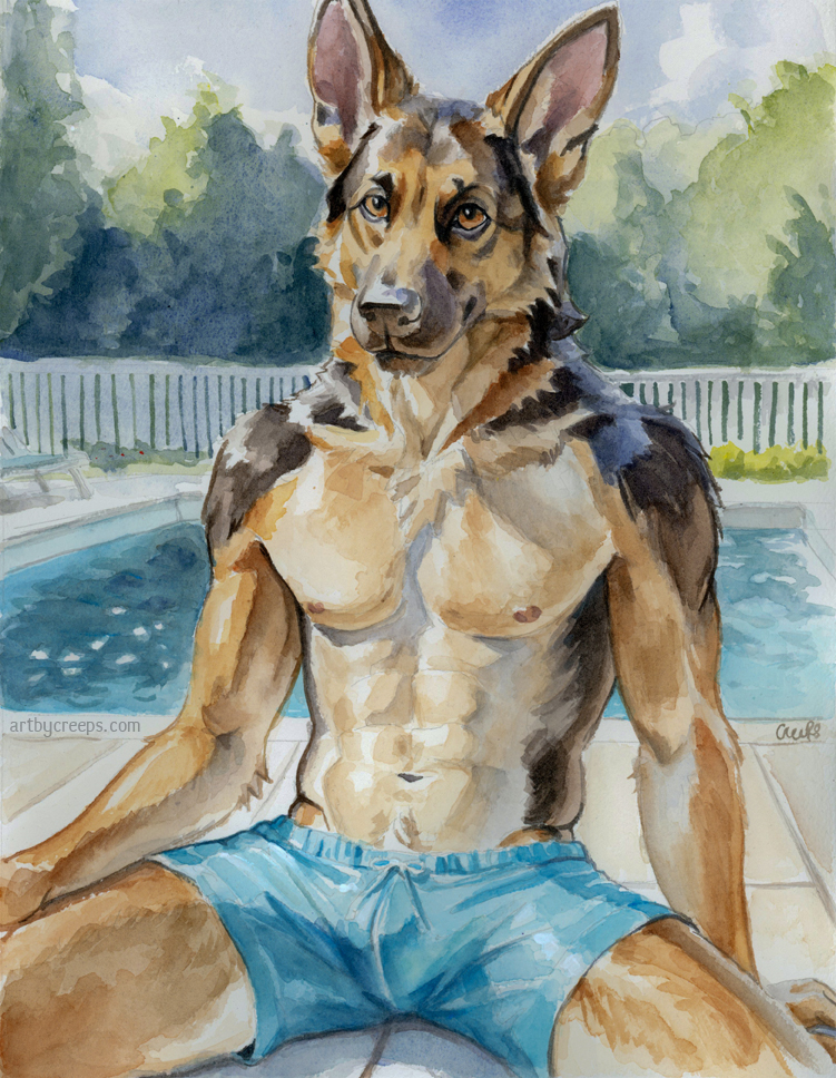 abs anthro biceps biped blue_clothing brown_body brown_fur bulge clothed clothing detailed_background fur looking_at_viewer male male_anthro muscular muscular_anthro muscular_male navel nipples orange_eyes pecs poolside realistic solo swimming_trunks swimwear tan_body tan_fur topless topless_anthro topless_male website_url creeps canid canine canis domestic_dog german_shepherd herding_dog mammal pastoral_dog 2024 signature traditional_media_(artwork) watercolor_(artwork)