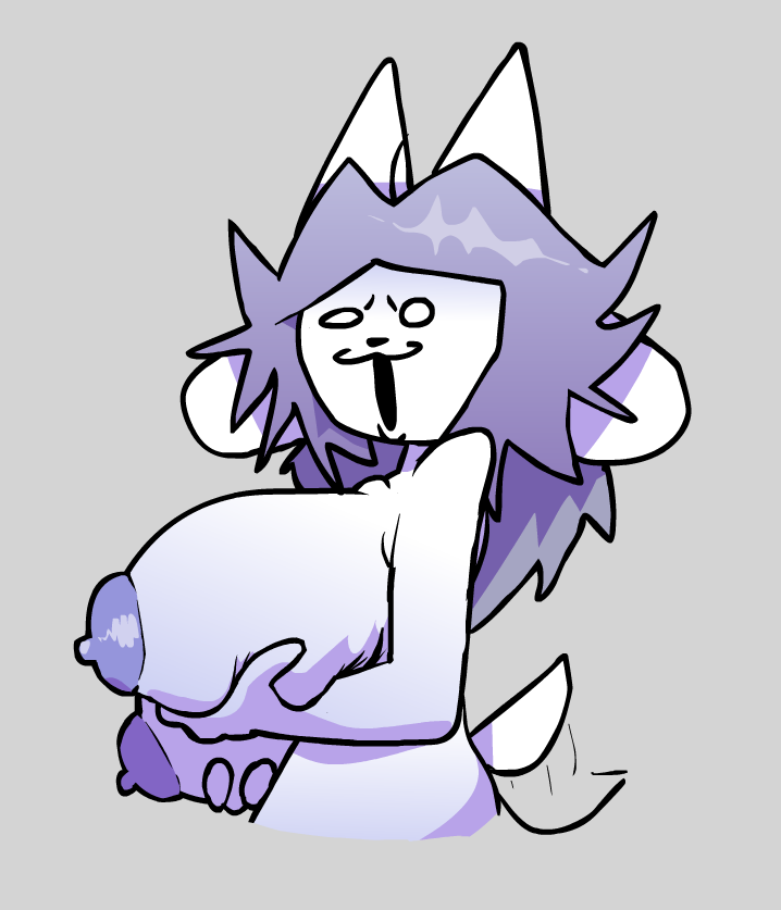 :3 anthro areola big_areola big_breasts breasts female funny_face fur grey_hair hair holding_breast huge_breasts nipples simple_background solo tail tail_motion tailwag white_body white_fur loudnormal4 undertale undertale_(series) temmie_(undertale) tem 2023 digital_drawing_(artwork) digital_media_(artwork)