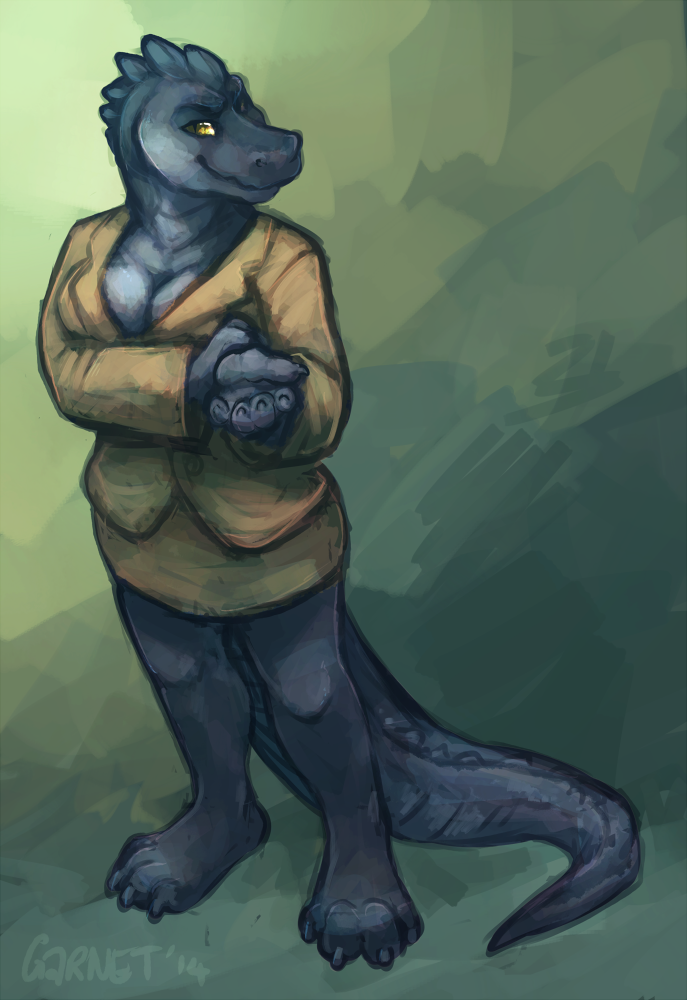 anthro blue_body blue_skin bottomwear breasts cleavage cloth clothed clothing female looking_at_viewer non-mammal_breasts skirt smile solo suit tail tail_under_skirt conditional_dnp garnetto nisha_(saatchi) crocodile crocodilian reptile scalie 2014