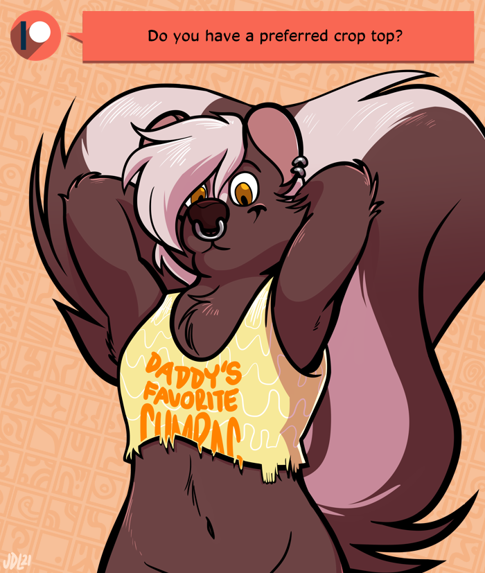 big_tail clothed clothing crop_top ear_piercing facial_piercing male markings navel nose_piercing piercing shirt solo striped_markings striped_tail stripes tail tail_markings text text_on_clothing topwear conditional_dnp cupsofjade hammock_(cupsofjade) mammal mephitid skunk english_text