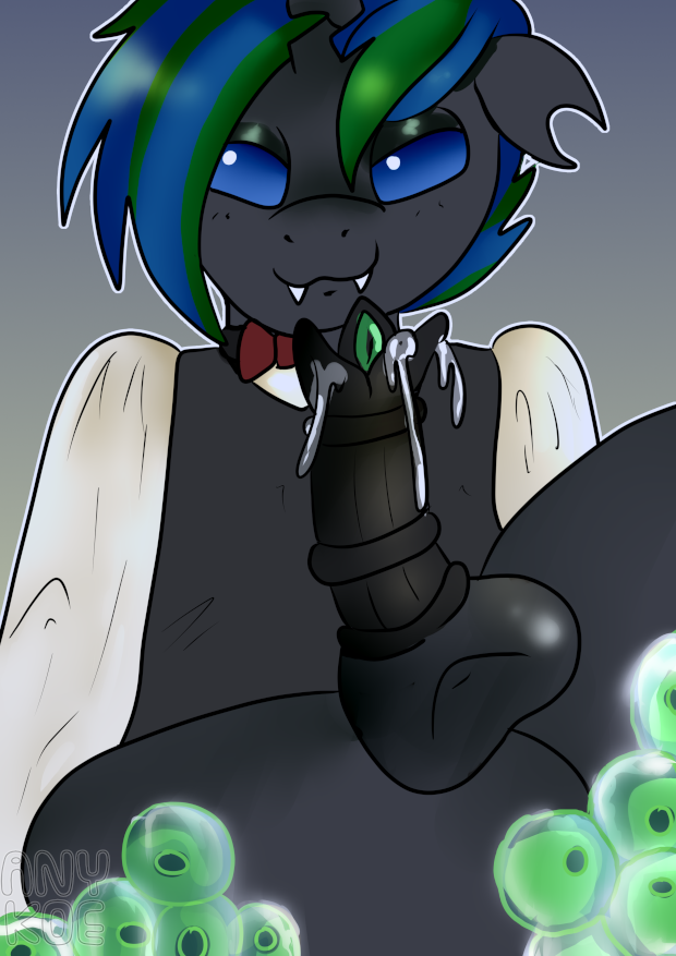 ambiguous_fluids bow_tie clothing egg fangs feral genitals looking_at_viewer looking_pleasured male ovipositor ovipositor_penis penis simple_background solo teeth anykoe friendship_is_magic hasbro my_little_pony fan_character arthropod changeling signature