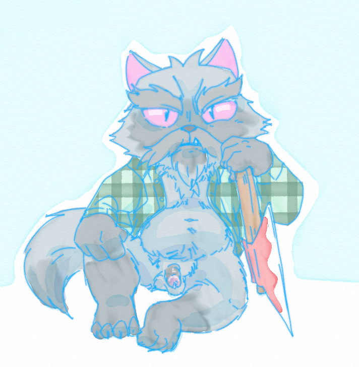 anthro balls belly bottomless clothed clothing erection facial_hair fangs fur genitals grey_body grey_fur humanoid_genitalia humanoid_penis male mustache navel pattern_clothing pattern_topwear penis plaid plaid_clothing plaid_topwear shirt simple_background solo tail teeth topwear lavilovi dreamworks kipo_and_the_age_of_wonderbeasts netflix yumyan_hammerpaw domestic_cat felid feline felis mammal digital_media_(artwork)