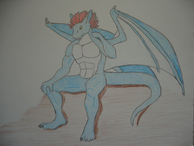 anthro biped blue_body male membrane_(anatomy) membranous_wings mohawk nude scratching sitting solo tail wings yellow_eyes cl mythology kadido dragon mythological_creature mythological_scalie scalie 4:3 traditional_media_(artwork)