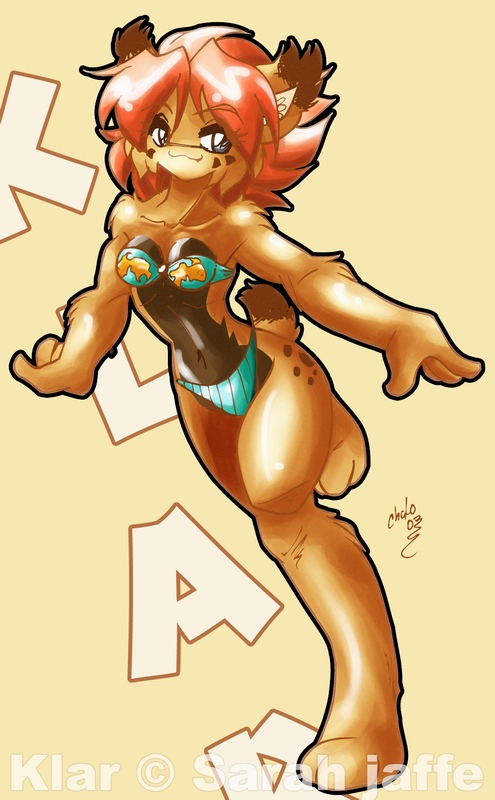 :3 anthro arm_tuft bangs bent_leg bikini blue_eyes breasts brown_body brown_countershading brown_ear_tips brown_fur brown_markings brown_spots brown_tail_tip butt butt_markings cheek_markings cheek_tuft cleavage closed_smile clothed clothing collarbone countershade_torso countershading digitigrade dipstick_ears dipstick_tail ear_markings ear_tuft elbow_tuft eyebrow_through_hair eyebrows eyelashes eyelashes_through_hair facial_markings facial_tuft feet female female_anthro fingers fish_print fur fur_markings glistening glistening_body glistening_eyes glistening_fur glistening_hair hair head_markings inner_ear_fluff kemono leg_tuft looking_aside markings medium_breasts mouth_closed multicolored_body multicolored_ears multicolored_fur navel one_leg_up outstretched_arms pattern_bikini pattern_clothing pattern_swimwear paws print_bikini print_clothing print_swimwear raised_leg red_hair reverse_countershading short_hair short_tail simple_background skimpy smile solo spots spotted_body spotted_butt spotted_fur spotted_markings strapless_bikini strapless_clothing strapless_swimwear striped_bikini striped_clothing striped_swimwear stripes swimwear tail tail_markings tan_inner_ear teal_bikini teal_clothing teal_swimwear text translucent translucent_hair tuft two-piece_swimsuit two_tone_ears two_tone_tail white_text yellow_background chalo klarisa_lynx felid feline lynx mammal 2003 character_name dated digital_drawing_(artwork) digital_media_(artwork) english_text shaded signature warm_colors watermark yellow_theme