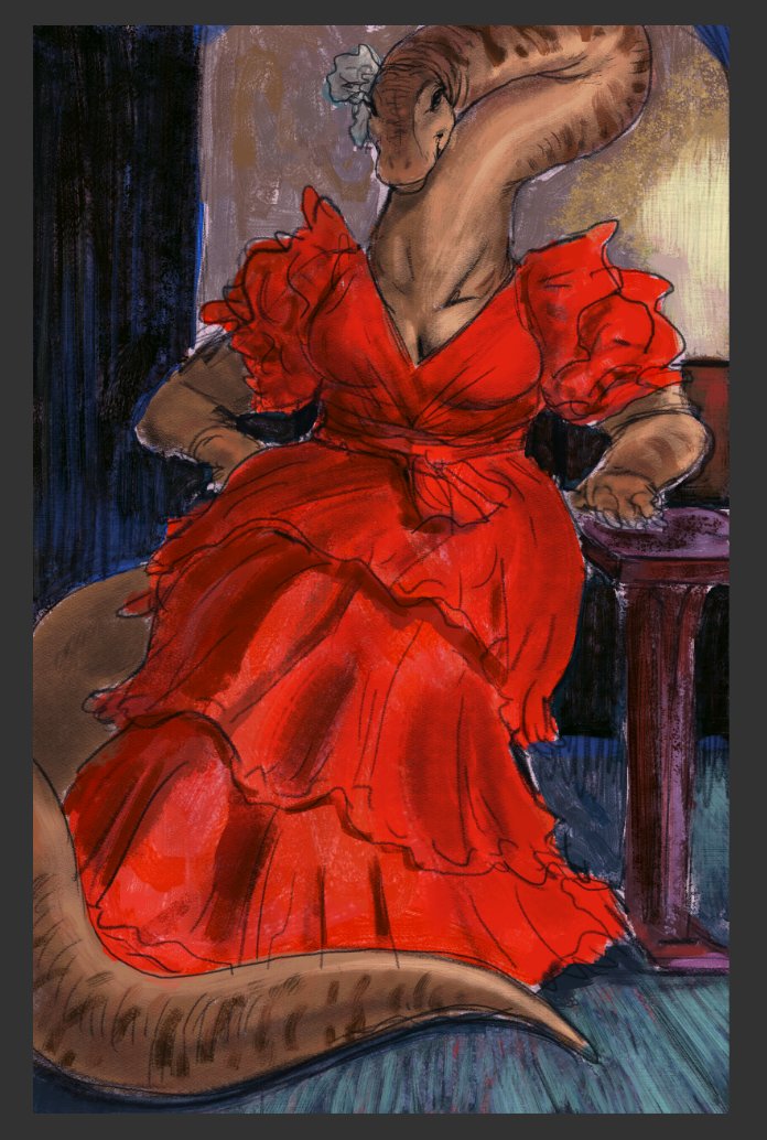 anthro big_tail bow_accessory breasts brown_body brown_markings brown_scales cleavage clothed clothing dress eyelashes female flamenco flower_accessory front_view hand_on_hip hand_on_table headgear headwear impressionist_background inside long_neck low_lighting markings post-impressionism red_clothing red_dress scales screencap sitting smile smiling_at_viewer solo tail thick_neck thick_tail wide_hips dyna_soar camarasaurid camarasaurus dinosaur prehistoric_species reptile sauropod sauropodomorph scalie saurian_(disambiguation) 2023 digital_media_(artwork) digital_painting_(artwork) guide_lines sketch unfinished