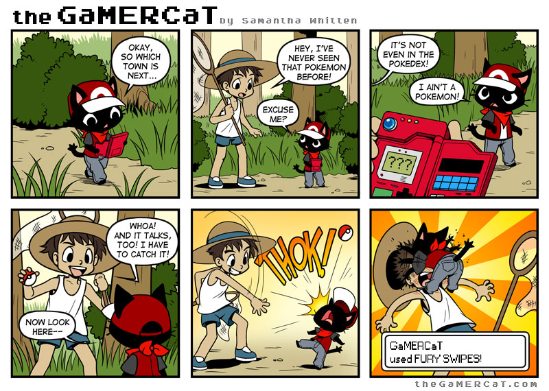 brown_hair bug_catcher butterfly_net clothing dialogue ellipsis grid_layout hair hat headgear headwear holding_net holding_object holding_pokeball holding_pokedex humor male net open_mouth pokeball pokedex six_frame_image speech_bubble standard_pokeball teeth text tongue samantha_whitten nintendo pokemon the_gamercat bug_catcher_(pokemon) gamercat_(character) pokemon_trainer domestic_cat felid feline felis human mammal comic english_text url