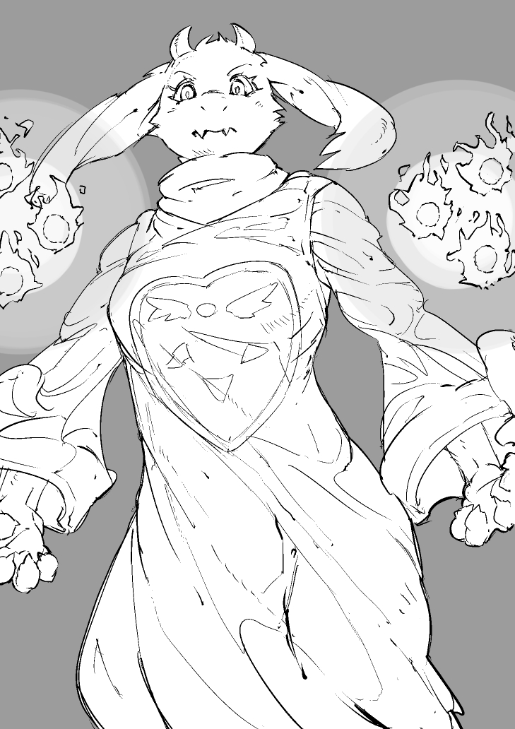 anthro clothed clothing female fire grey_background horn magic simple_background solo sasamix undertale undertale_(series) toriel boss_monster_(undertale) bovid caprine mammal monochrome