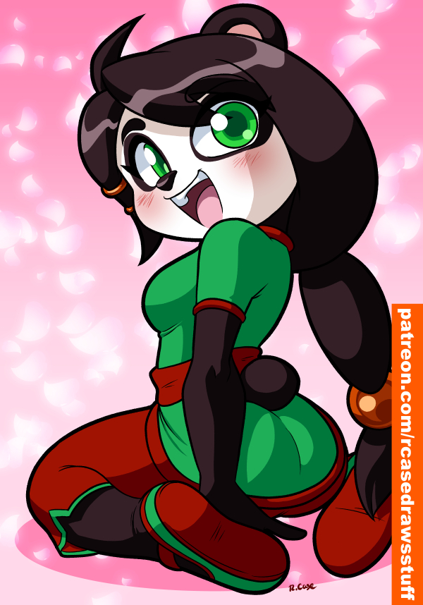 anthro asian_clothing blush butt chinese_clothing chinese_dress clothed clothing dress east_asian_clothing female footwear green_eyes grey_body hair hair_elastic panda_tail ponytail round_ears round_tail shoes simple_background smile solo teeth tongue rongs1234 activision crash_bandicoot_(series) crash_team_racing_(series) crash_team_racing_nitro-fueled yaya_panda bear giant_panda mammal