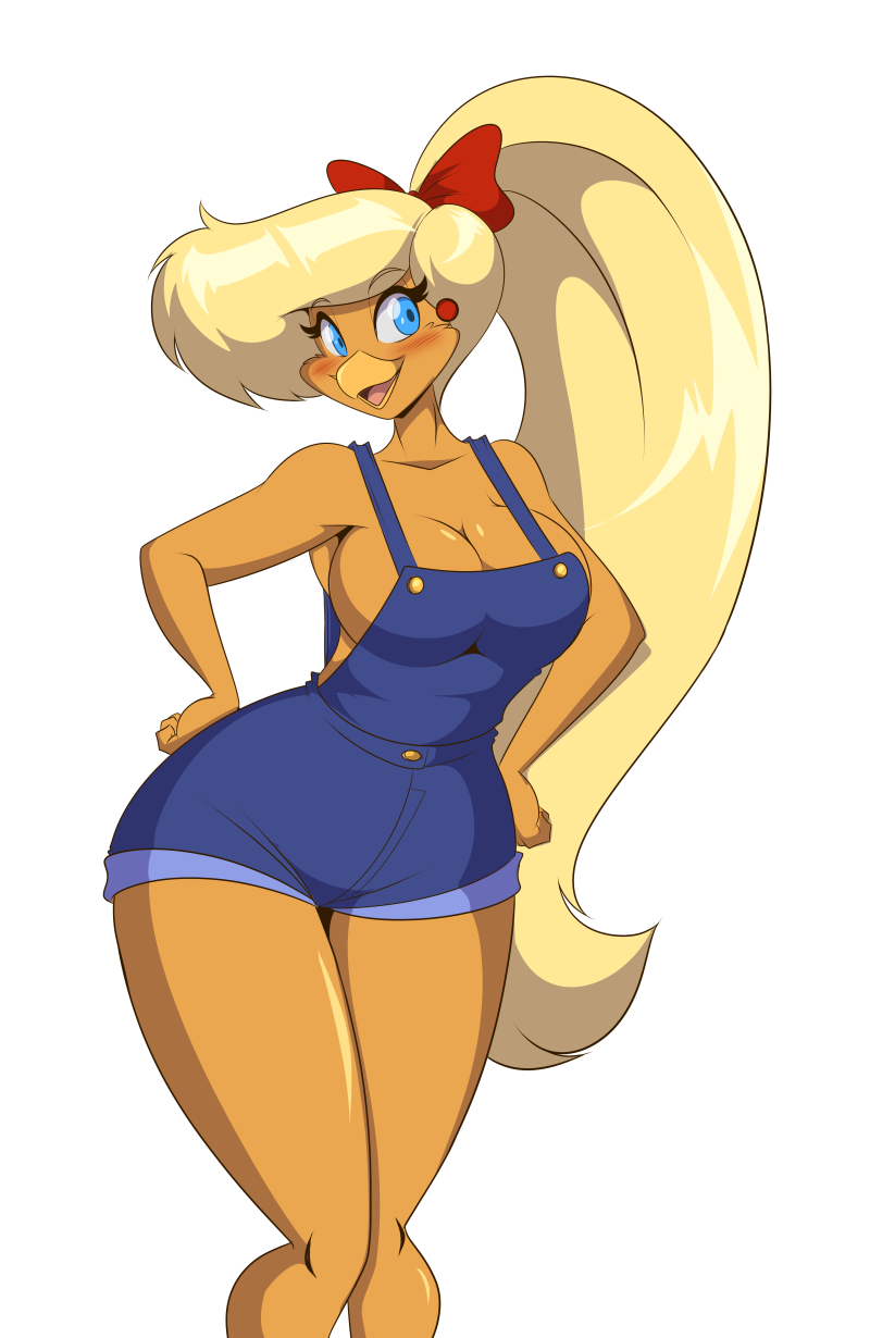 anthro beak big_breasts blonde_hair blue_eyes bottomwear breasts clothing female hair hands_on_hips looking_at_another non-mammal_breasts open_beak open_mouth overalls overalls_only ponytail shorts solo thick_thighs wide_hips mastergodai don_bluth rock-a-doodle goldie_pheasant avian bird chrysolophus galliform golden_pheasant phasianid hi_res