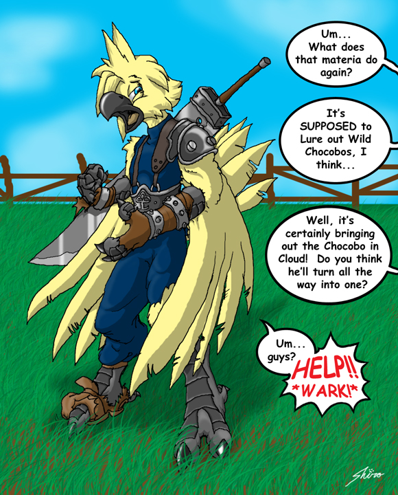 anthro armor beak buster_sword cloud detailed_background dialogue feathered_wings feathers grass_field male melee_weapon outside sky solo species_transformation sword text transformation wark weapon wings yellow_body yellow_feathers catmonkshiro final_fantasy final_fantasy_vii square_enix cloud_strife avian chocobo english_text