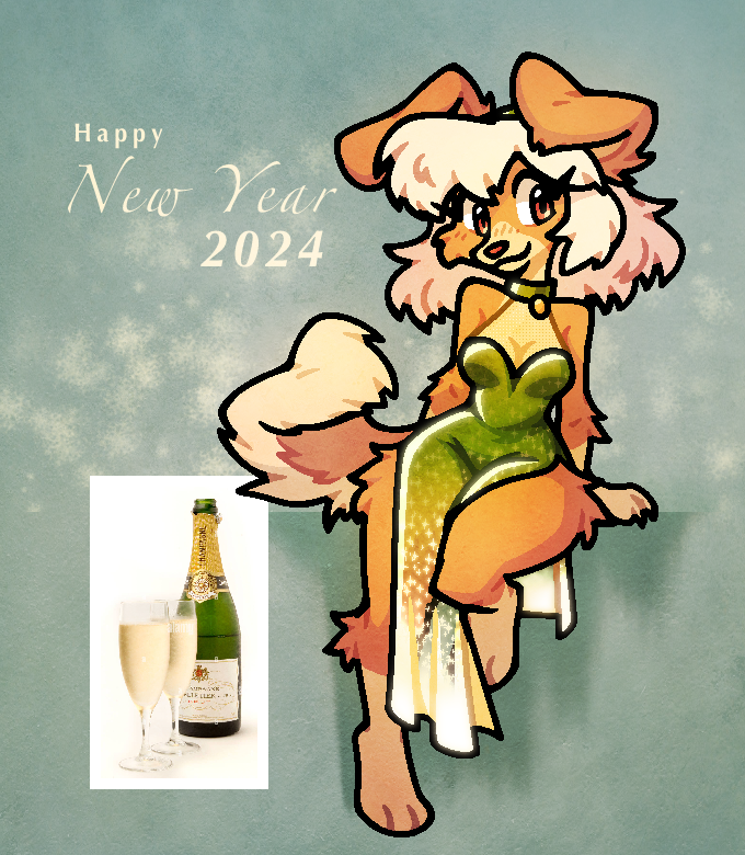 3_toes alcohol barefoot beverage breasts champagne_bottle cleavage clothed clothing collar dress feet female happy_new_year_2024 paws plantigrade solo tail toes bagelcollie 2024