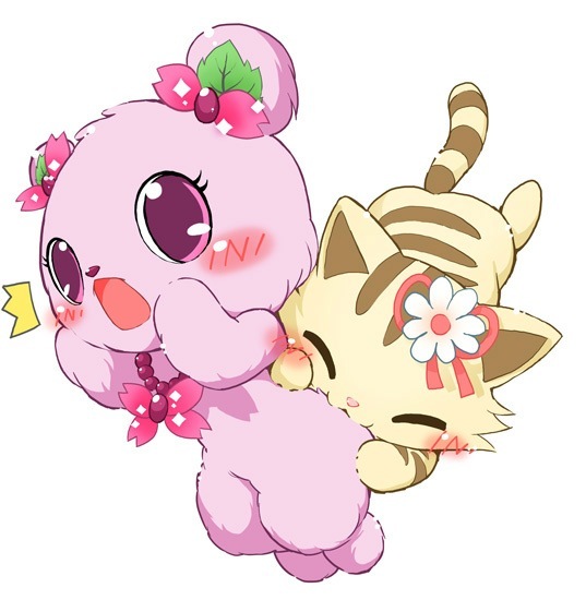 bite blush cherry_blossom duo eyelashes eyes_closed female feral flower food fur gem jewelry leaf necklace open_mouth plant prunus_(flower) purple_eyes ribbons simple_background striped_body striped_fur stripes surprise tan_body tan_fur white_background オダワラゴブリン jewelpet sanrio sega sega_fave sweetspet mochi_(jewelpet) sakuran sango_(jewelpet) bear domestic_cat felid feline felis mammal tabby_cat