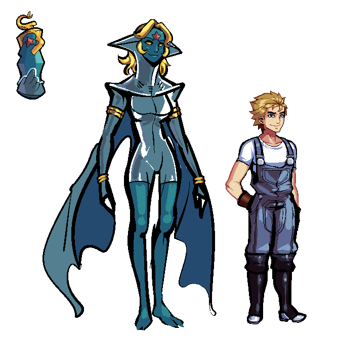 blonde_hair boots clothing duo female footwear gloves hair handwear male monster_girl_(genre) overalls shoes smile split_form yellow_eyes s-purple breeding_season human humanoid mammal marine merfolk alpha_channel